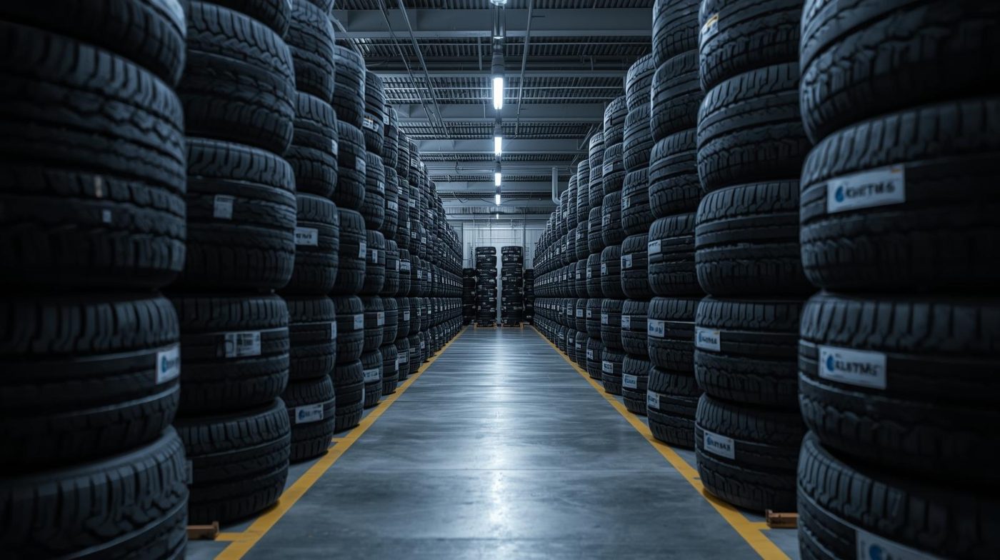 Dãy lốp xe xếp chồng ngay ngắn trong nhà kho