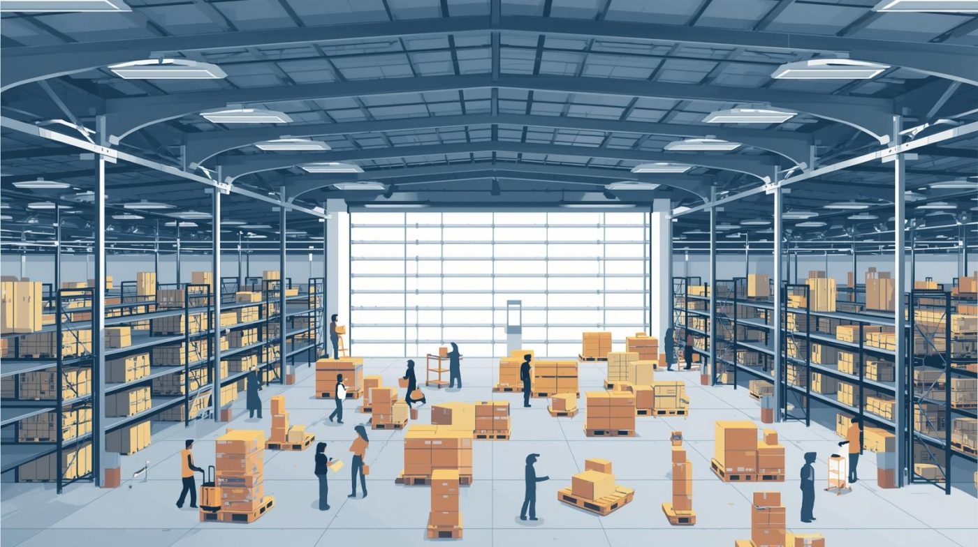 Hình minh họa hoạt động trong nhà kho lớn với nhiều kệ hàng, hộp carton, pallet và nhân viên đang sắp xếp hàng hóa.