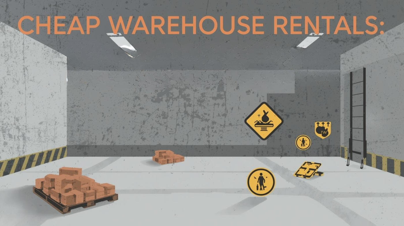 Một nhà kho trống rỗng, cũ kỹ với dấu hiệu cảnh báo về rủi ro nước ngập, té ngã và môi trường làm việc không an toàn, cùng tiêu đề "CHEAP WAREHOUSE RENTALS".