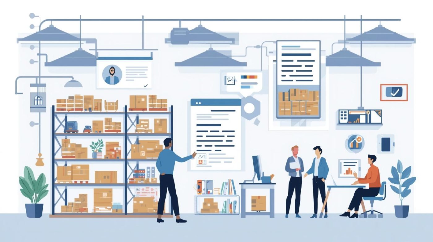 Không gian làm việc và nhà kho logistics hiện đại, nơi nhân viên đang kiểm kê hàng hóa trên kệ, trong khi các nhà quản lý đang họp và phân tích dữ liệu trên máy tính.