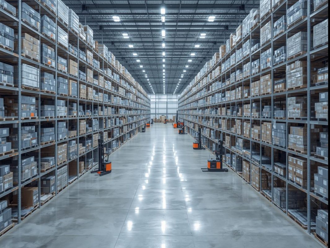 Kho bãi hiện đại, rộng rãi với hệ thống kệ hàng cao và xe nâng tự động của Toàn Nhất Logistics