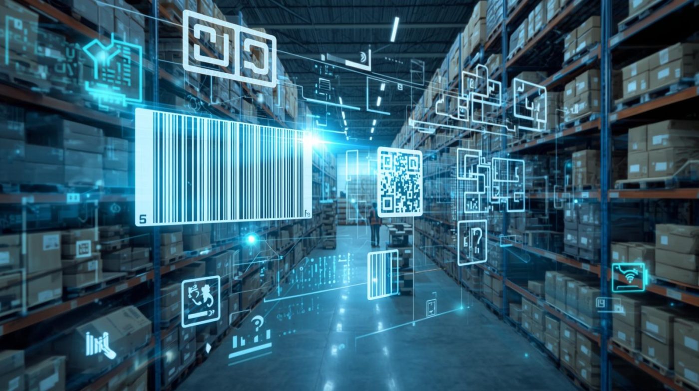 Hình ảnh nhà kho hiện đại với các kệ hàng đầy hộp, được phủ lớp đồ họa kỹ thuật số của mã vạch, QR code và biểu tượng công nghệ, minh họa quản lý kho thông minh.