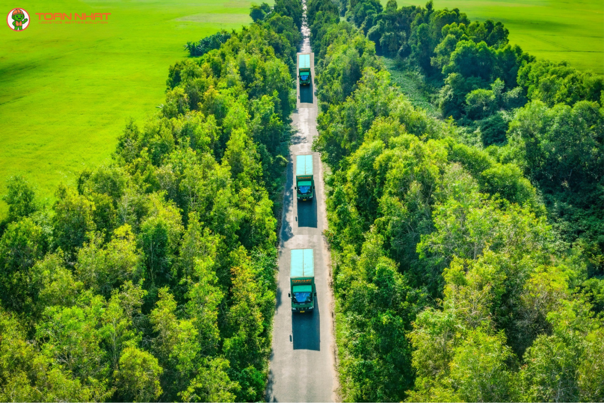 Ảnh chụp flycam đoàn xe vận tải của Toàn Nhất với đầu kéo màu xanh và thùng xe màu xanh nhạt, đang chạy thành một hàng dọc trên con đường trải nhựa giữa một vùng quê trù phú với cây cối và đồng lúa xanh bạt ngàn.