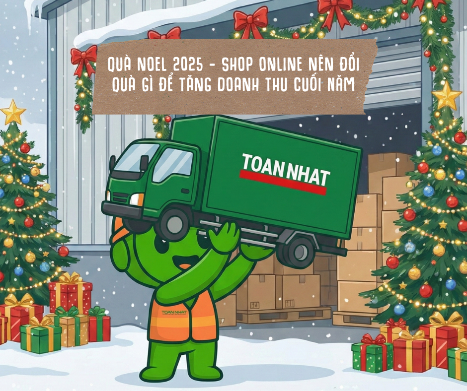 Mascot Toàn Nhất Logistics cầm xe tải Noel 2025 vận chuyển quà tặng.